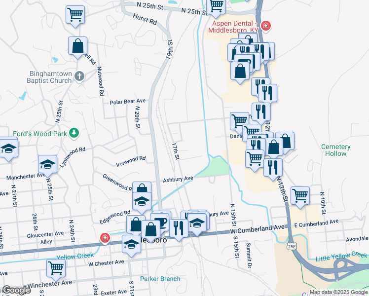 map of restaurants, bars, coffee shops, grocery stores, and more near 103 Iva Avenue in Middlesboro