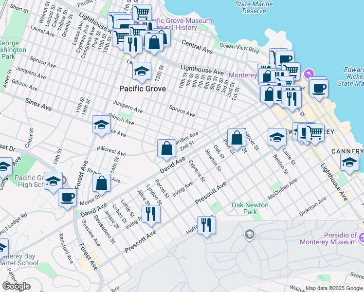 map of restaurants, bars, coffee shops, grocery stores, and more near 231 Gibson Avenue in Pacific Grove