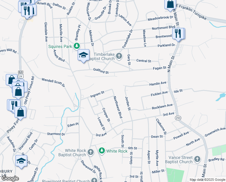 map of restaurants, bars, coffee shops, grocery stores, and more near 500 Ingram Street in Danville