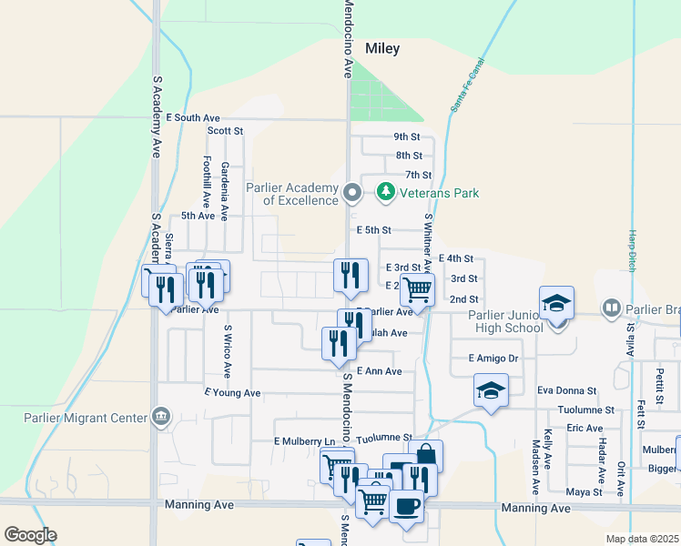 map of restaurants, bars, coffee shops, grocery stores, and more near 8312 South Mendocino Avenue in Parlier