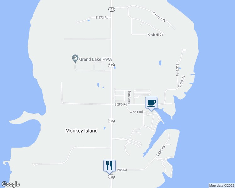 map of restaurants, bars, coffee shops, grocery stores, and more near 27950 Oklahoma 125 in Afton