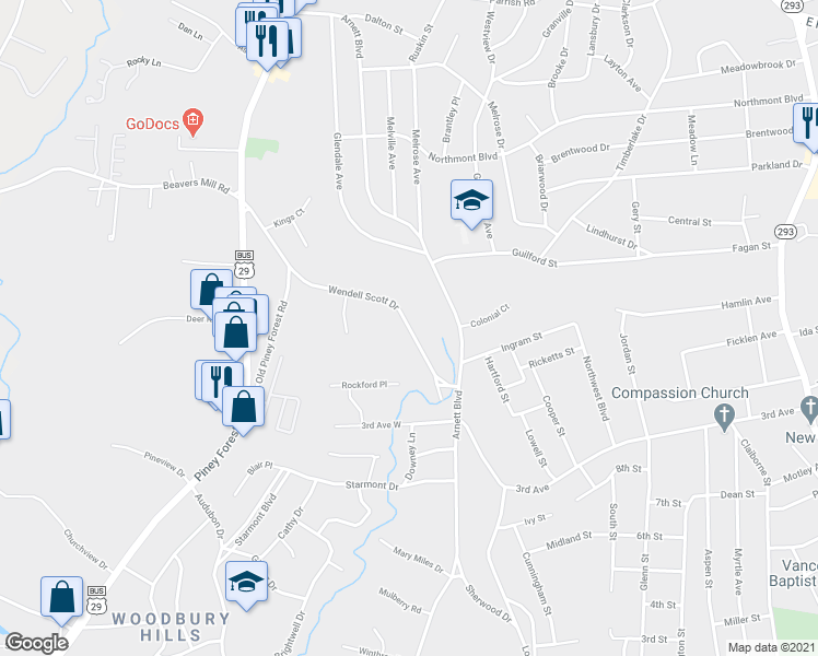 map of restaurants, bars, coffee shops, grocery stores, and more near 307 Wendell Scott Drive in Danville