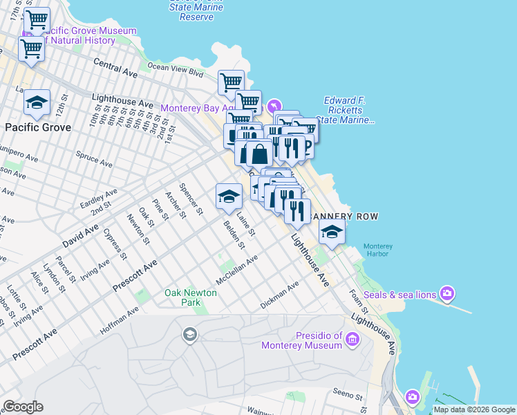 map of restaurants, bars, coffee shops, grocery stores, and more near 653 Lantern Lane in Monterey
