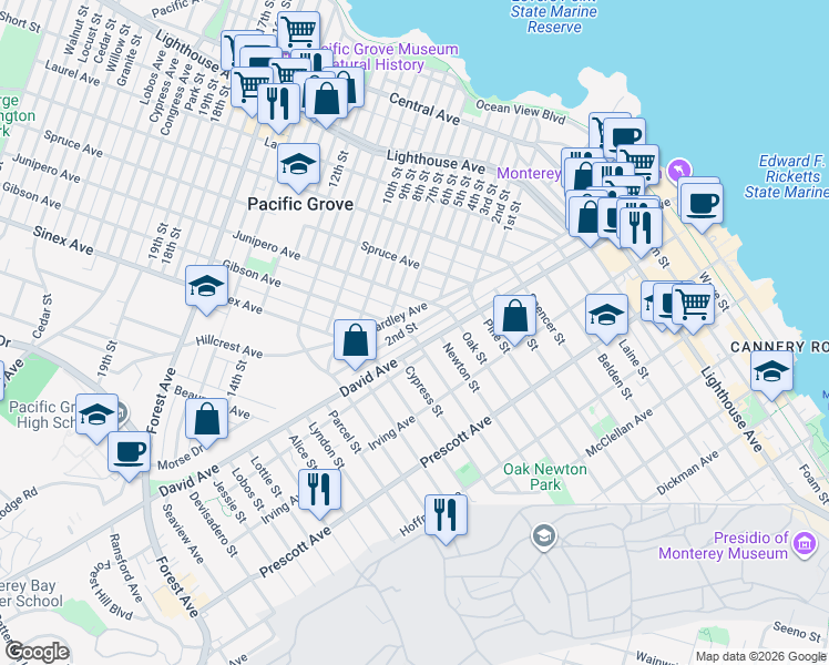 map of restaurants, bars, coffee shops, grocery stores, and more near 231 Gibson Avenue in Pacific Grove