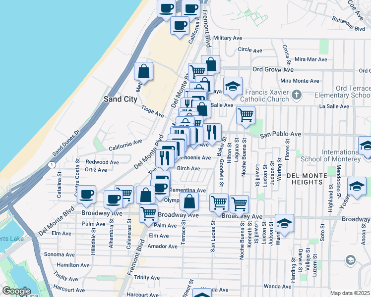 map of restaurants, bars, coffee shops, grocery stores, and more near 1760 Fremont Boulevard in Seaside