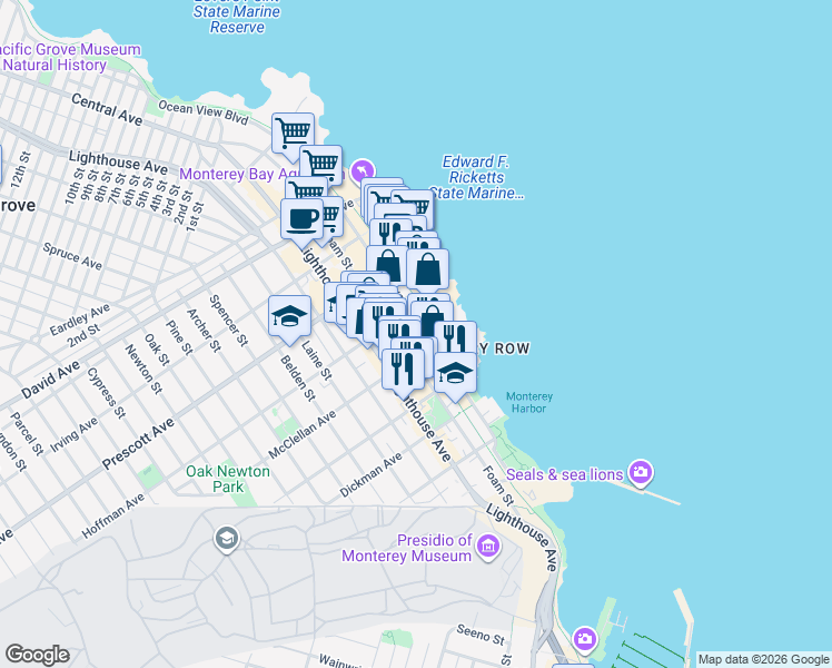 map of restaurants, bars, coffee shops, grocery stores, and more near 541 Wave Street in Monterey