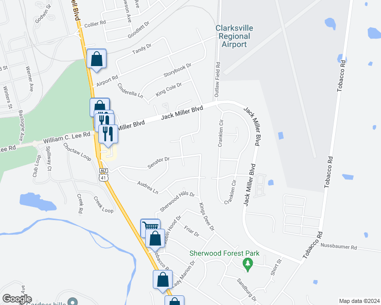 map of restaurants, bars, coffee shops, grocery stores, and more near 261 Senator Drive in Clarksville