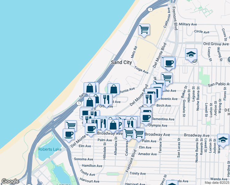 map of restaurants, bars, coffee shops, grocery stores, and more near 649 Dias Avenue in Sand City