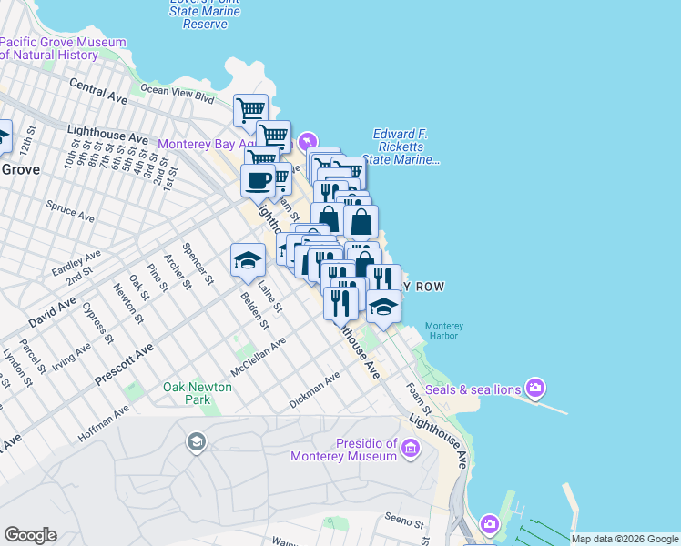 map of restaurants, bars, coffee shops, grocery stores, and more near 555 Foam Street in Monterey