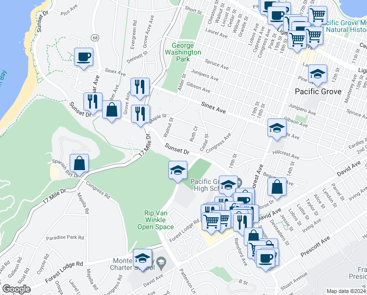 map of restaurants, bars, coffee shops, grocery stores, and more near 842 Sunset Drive in Pacific Grove