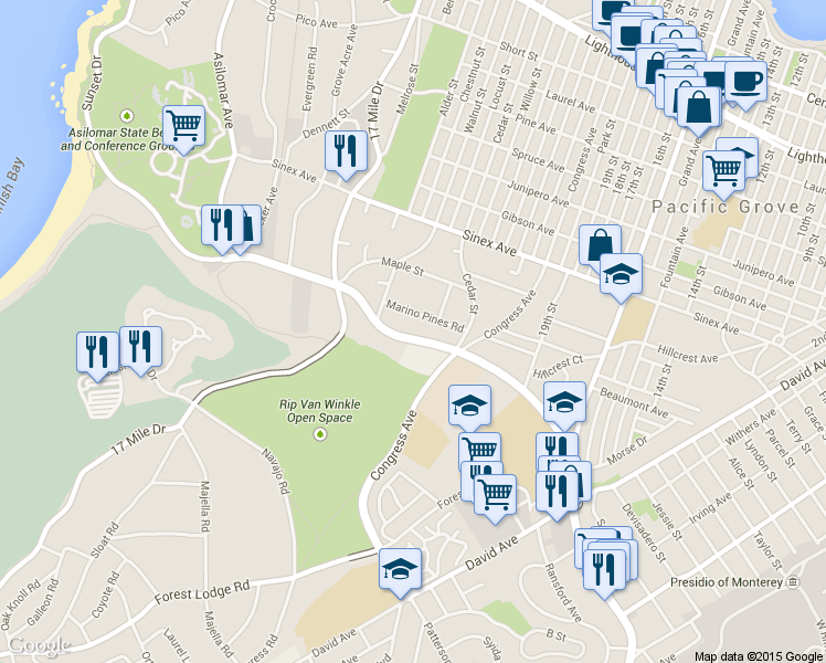map of restaurants, bars, coffee shops, grocery stores, and more near 842 Sunset Drive in Pacific Grove