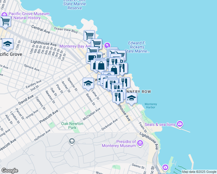 map of restaurants, bars, coffee shops, grocery stores, and more near 612 Lighthouse Avenue in Monterey