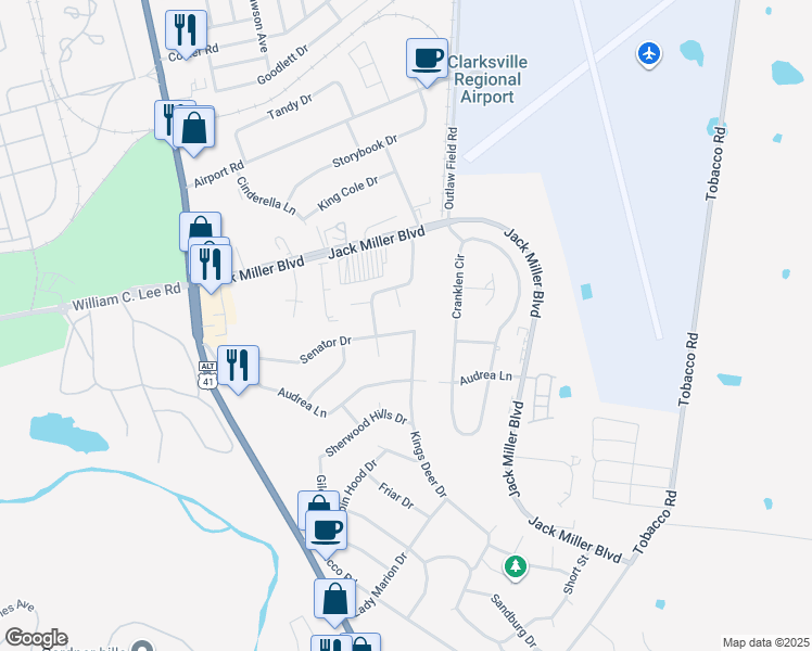 map of restaurants, bars, coffee shops, grocery stores, and more near 265 Senator Drive in Clarksville