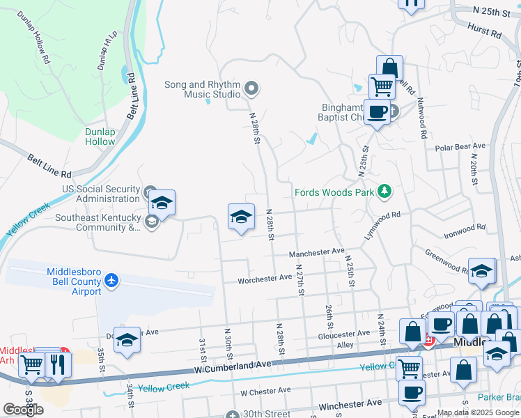 map of restaurants, bars, coffee shops, grocery stores, and more near 900 Cirencester Avenue in Middlesboro