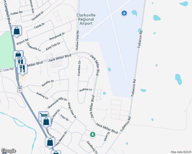 map of restaurants, bars, coffee shops, grocery stores, and more near 370 Jack Miller Boulevard in Clarksville