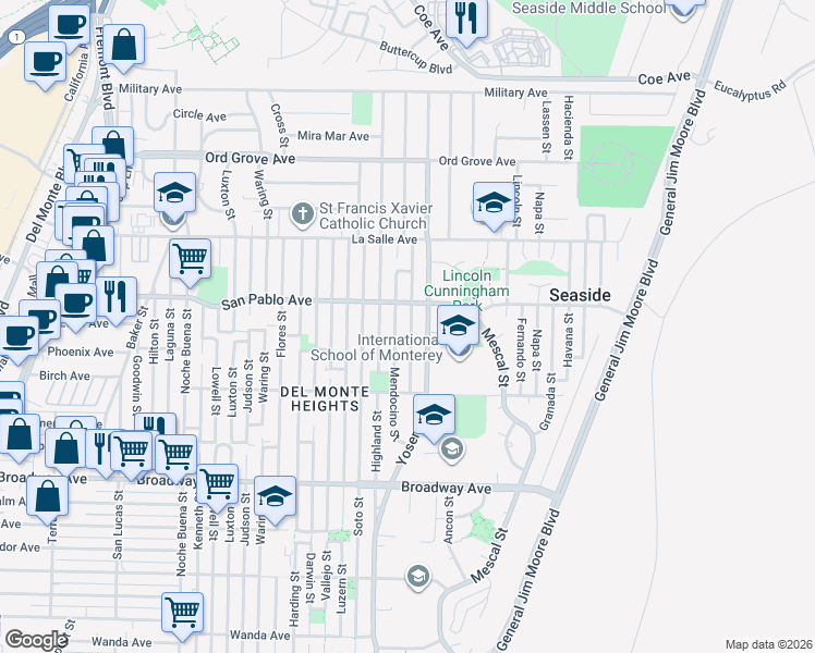 map of restaurants, bars, coffee shops, grocery stores, and more near 1759 Yosemite Street in Seaside