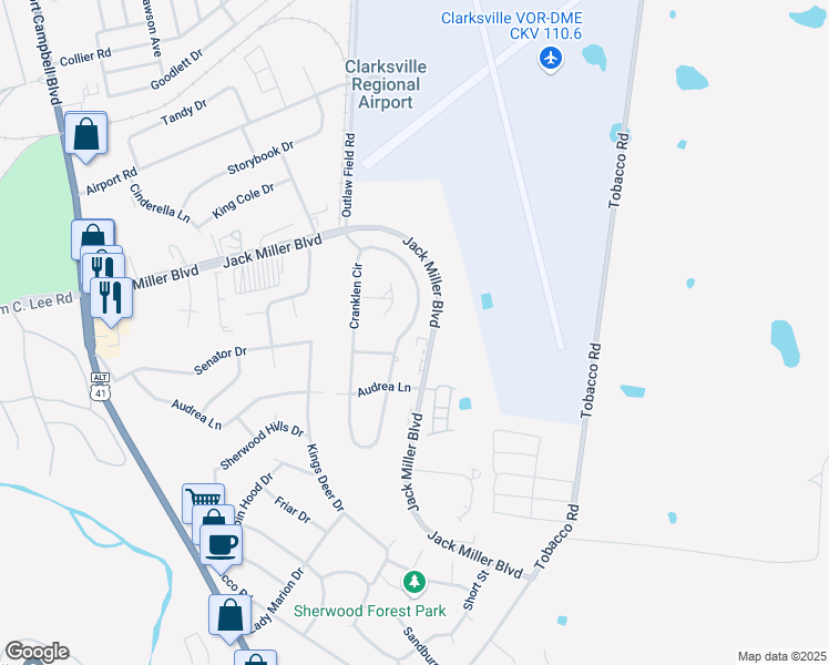 map of restaurants, bars, coffee shops, grocery stores, and more near 225 Cranklen Circle in Clarksville