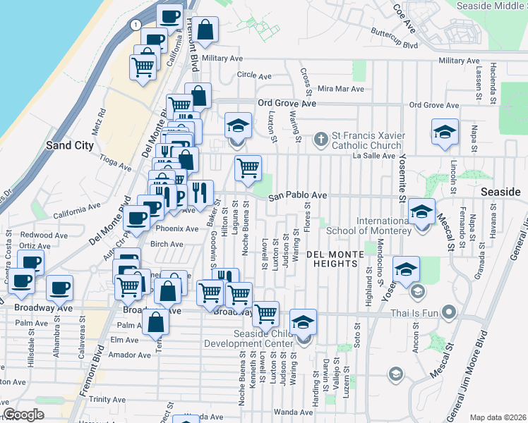 map of restaurants, bars, coffee shops, grocery stores, and more near 1757 Luxton Street in Seaside