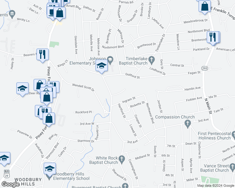map of restaurants, bars, coffee shops, grocery stores, and more near 133 Colonial Court in Danville