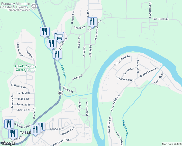 map of restaurants, bars, coffee shops, grocery stores, and more near 523 Shady Drive in Branson