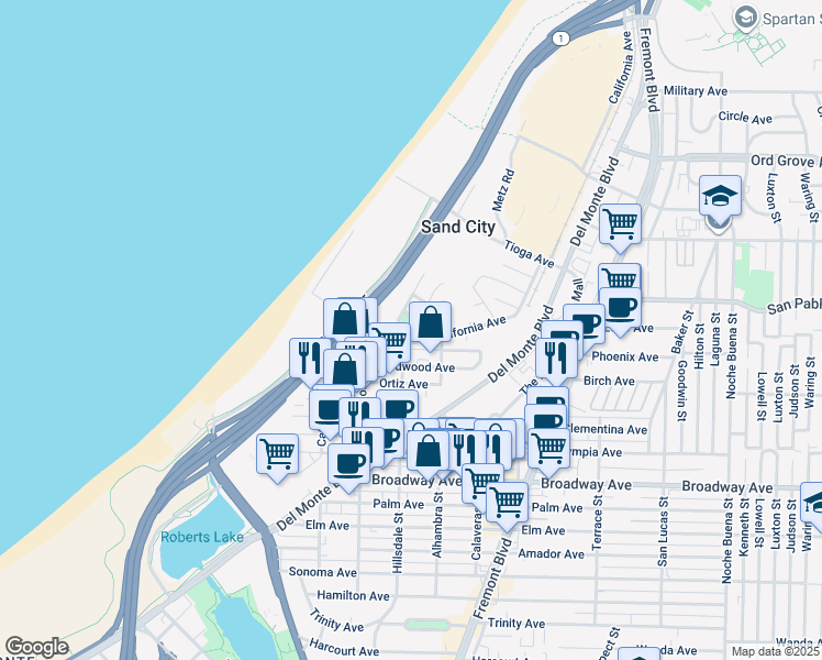 map of restaurants, bars, coffee shops, grocery stores, and more near Park Avenue in Sand City