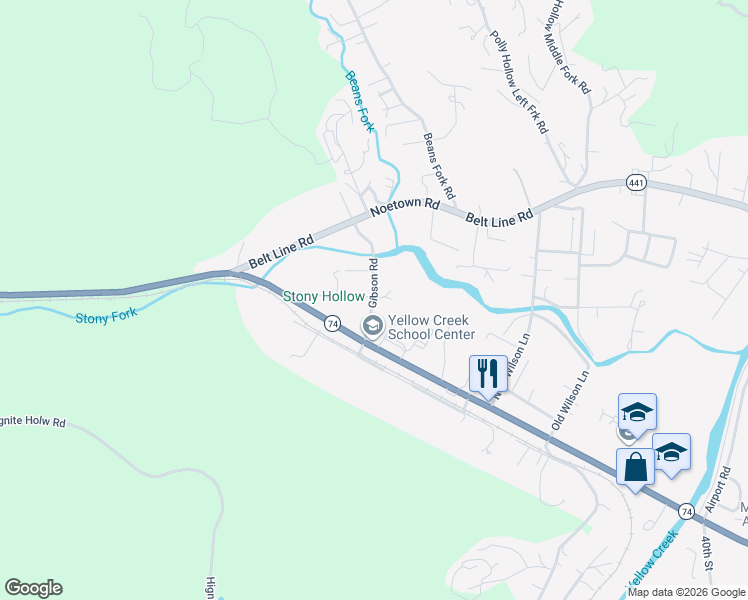 map of restaurants, bars, coffee shops, grocery stores, and more near Gibson Road in Middlesboro
