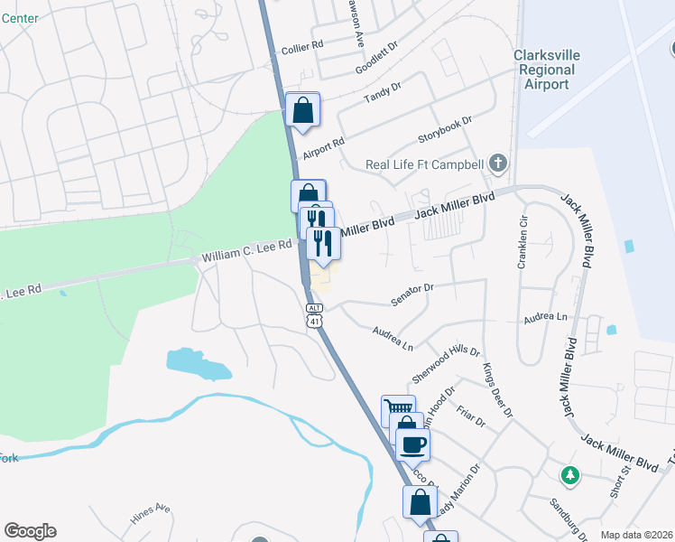map of restaurants, bars, coffee shops, grocery stores, and more near 205 Senator Drive in Clarksville