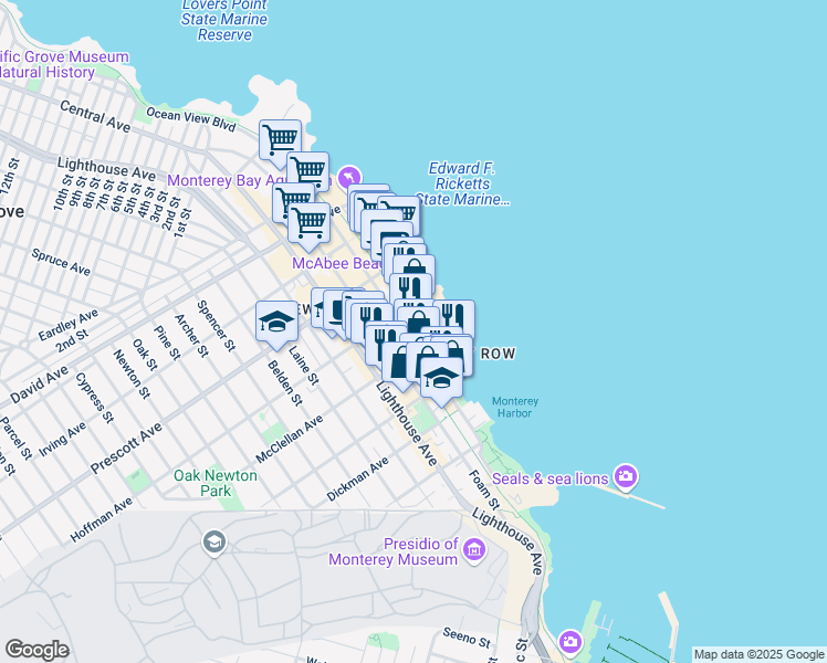 map of restaurants, bars, coffee shops, grocery stores, and more near 498 Wave Street in Monterey