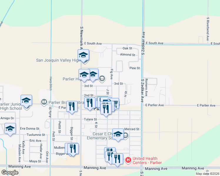 map of restaurants, bars, coffee shops, grocery stores, and more near 702 J Street in Parlier