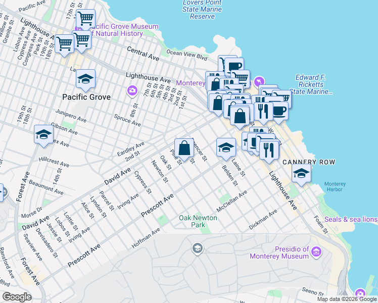 map of restaurants, bars, coffee shops, grocery stores, and more near 800 Irving Avenue in Monterey