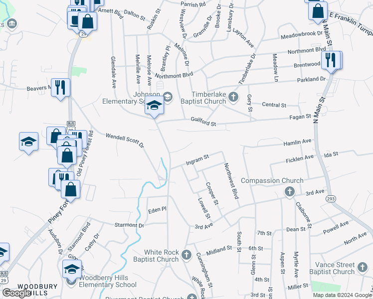 map of restaurants, bars, coffee shops, grocery stores, and more near 112 Colonial Court in Danville