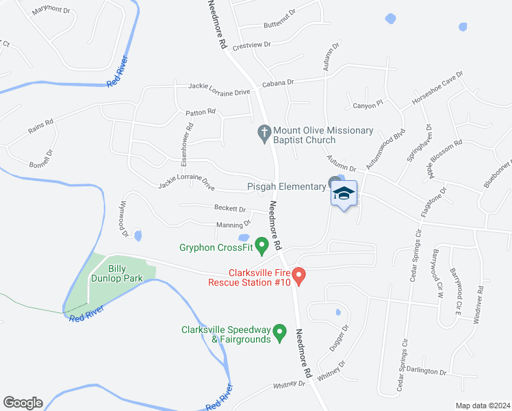 map of restaurants, bars, coffee shops, grocery stores, and more near 1804 Beckett Drive in Clarksville