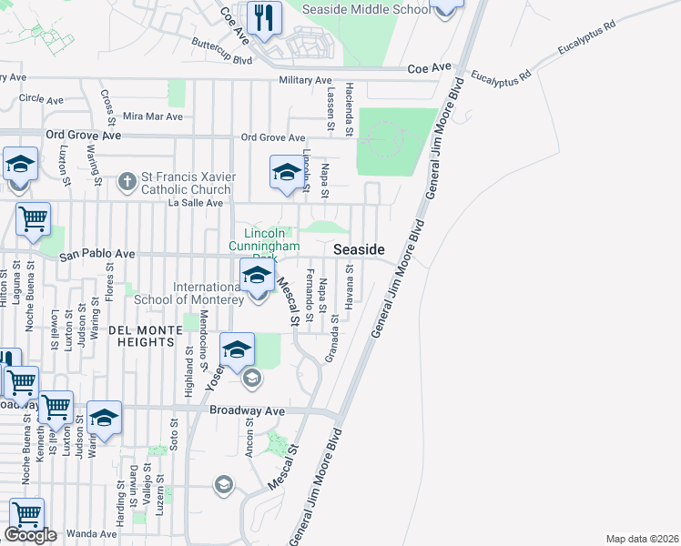 map of restaurants, bars, coffee shops, grocery stores, and more near 1780 Granada Street in Seaside