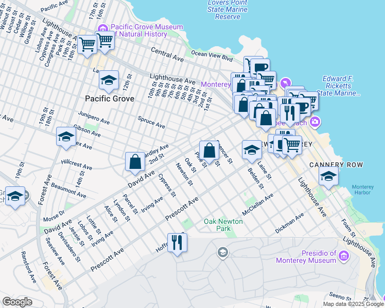 map of restaurants, bars, coffee shops, grocery stores, and more near 891 Pine Street in Monterey