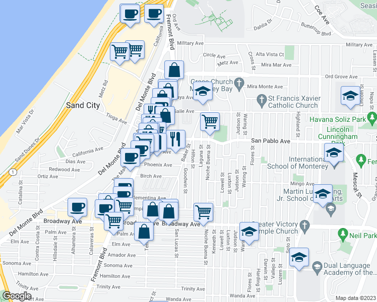 map of restaurants, bars, coffee shops, grocery stores, and more near 1770 Baker Street in Seaside
