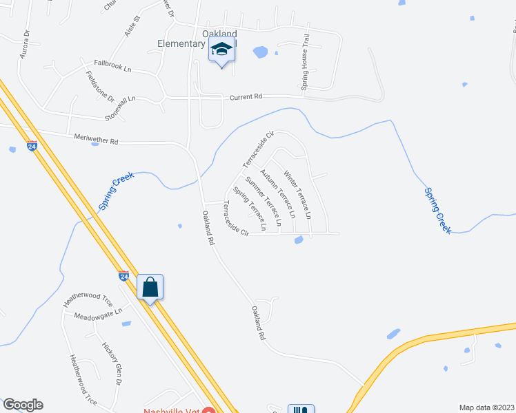 map of restaurants, bars, coffee shops, grocery stores, and more near 221 Spring Terrace Lane in Clarksville
