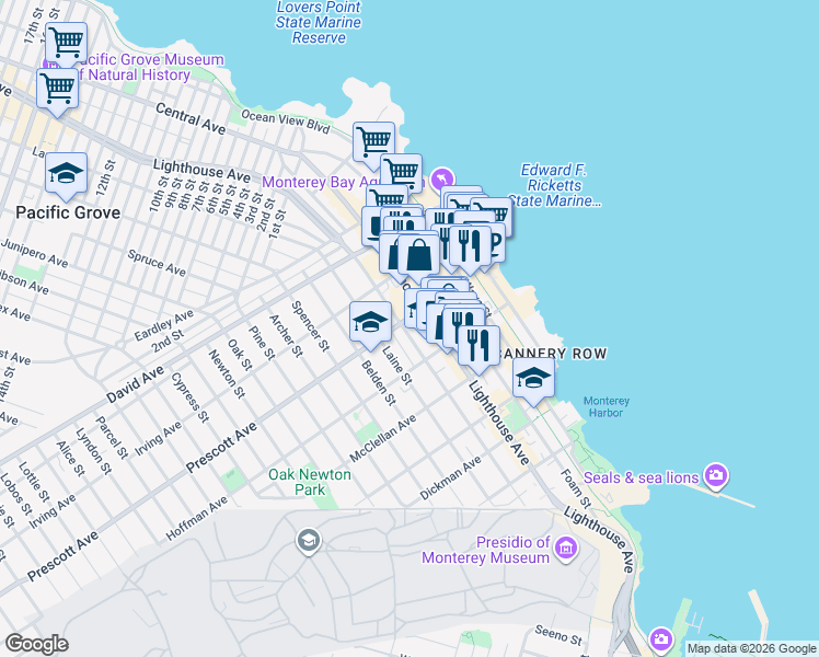 map of restaurants, bars, coffee shops, grocery stores, and more near 653 Lantern Lane in Monterey