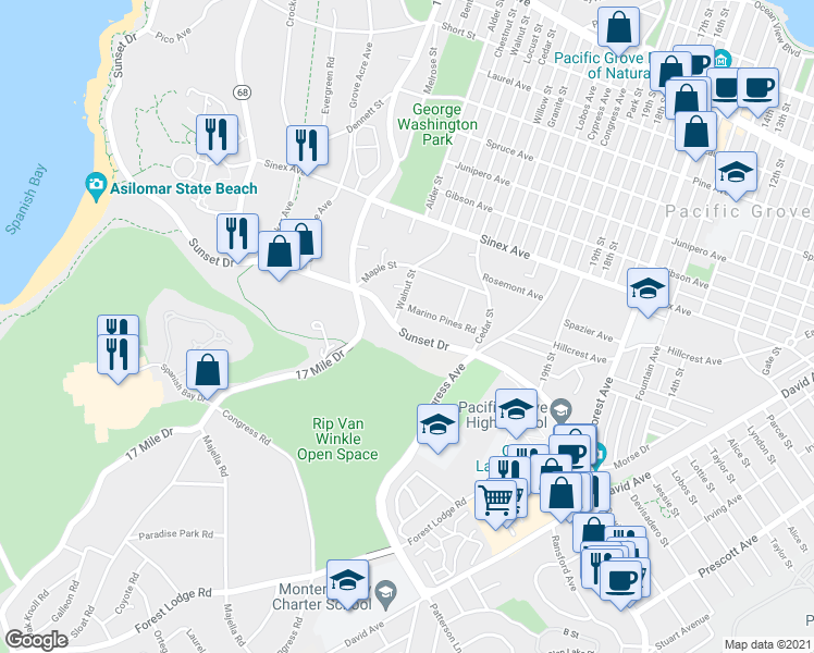 map of restaurants, bars, coffee shops, grocery stores, and more near 866 Sunset Drive in Pacific Grove