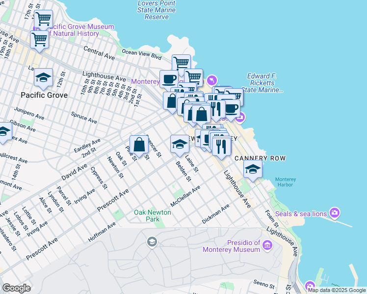 map of restaurants, bars, coffee shops, grocery stores, and more near 702 Laine Street in Monterey