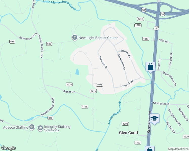 map of restaurants, bars, coffee shops, grocery stores, and more near 2-198 Derbyshire Lane in Martinsville