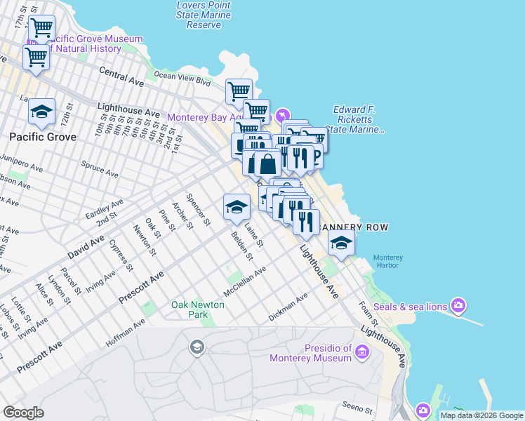map of restaurants, bars, coffee shops, grocery stores, and more near 653 Lantern Lane in Monterey