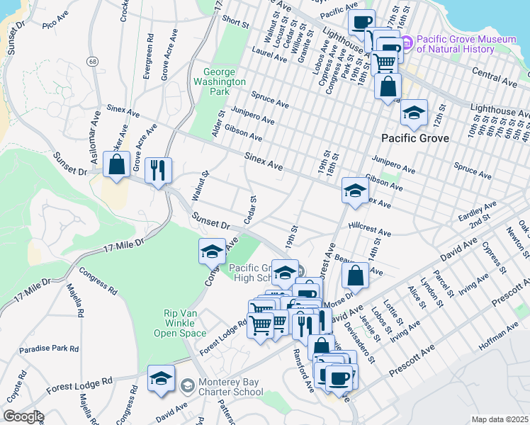 map of restaurants, bars, coffee shops, grocery stores, and more near 905 Congress Avenue in Pacific Grove