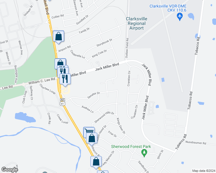 map of restaurants, bars, coffee shops, grocery stores, and more near 254 Senator Drive in Clarksville