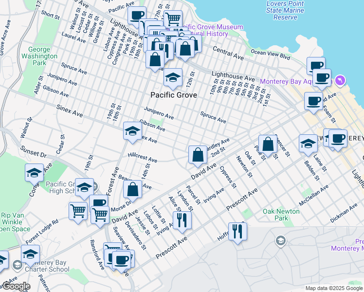 map of restaurants, bars, coffee shops, grocery stores, and more near 414 Sinex Avenue in Pacific Grove