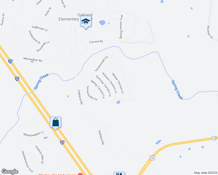 map of restaurants, bars, coffee shops, grocery stores, and more near 121 Summer Terrace Lane in Clarksville