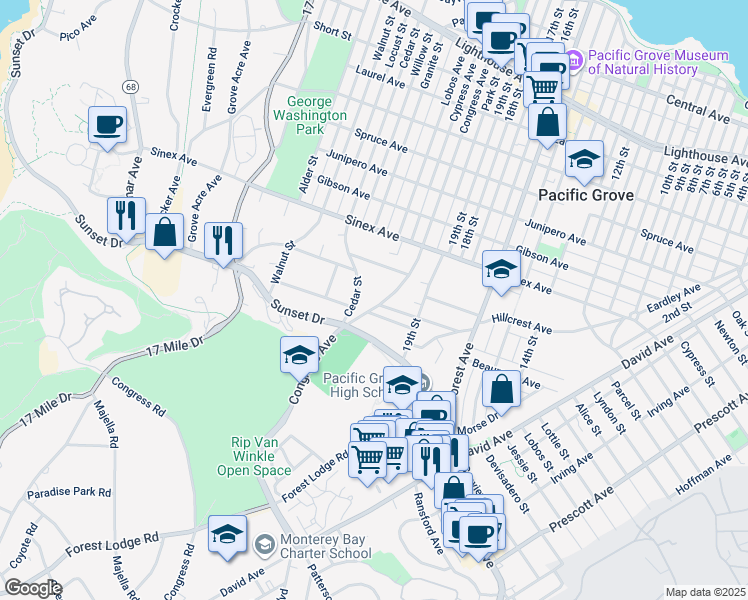 map of restaurants, bars, coffee shops, grocery stores, and more near 862 Congress Avenue in Pacific Grove