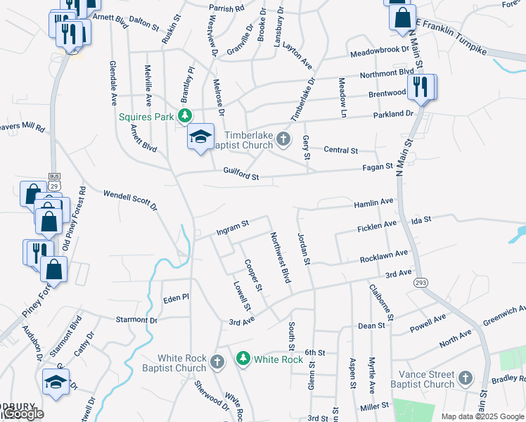 map of restaurants, bars, coffee shops, grocery stores, and more near 500 Ingram Street in Danville