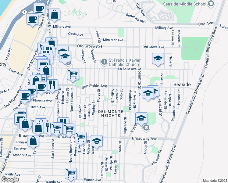 map of restaurants, bars, coffee shops, grocery stores, and more near 1776 Vallejo Street in Seaside