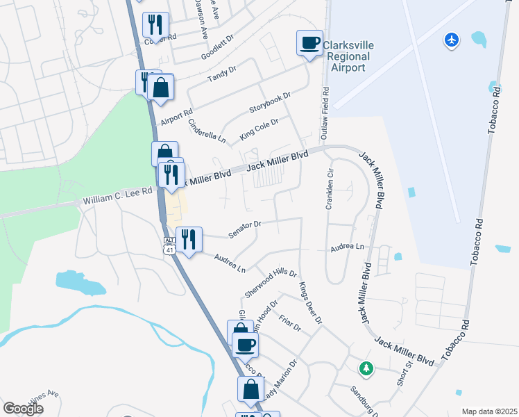 map of restaurants, bars, coffee shops, grocery stores, and more near 104 Thermal Court in Clarksville