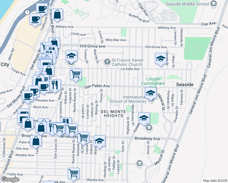 map of restaurants, bars, coffee shops, grocery stores, and more near 1779 Vallejo Street in Seaside